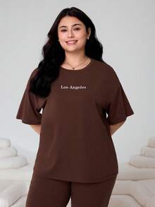 Solflare Plus Size Women's Letter Print Round Neck Drop Shoulder Short Sleeve T-Shirt And Pants Casual 2 Pieces Set, Spring/Summer,Carnival Women Look 2026,Going Out Outfits, Holiday Outfits, Graphic Tee, Summer Outfits - Brown - View 6