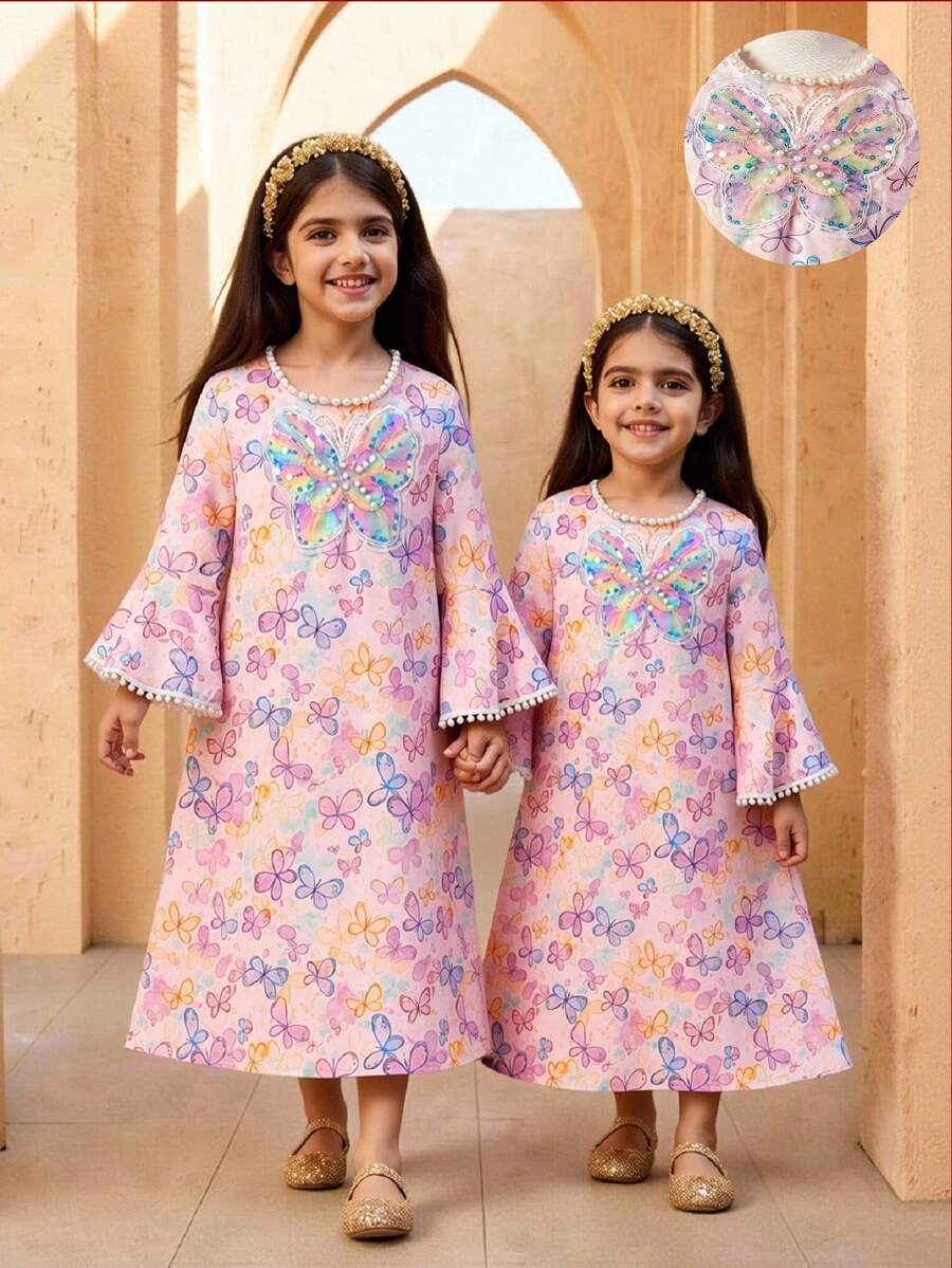 Vestido de Gola Redonda Estilo Tradicional Elegante do Oriente Médio para Meninas Jovens com Decoração de Pérolas e Mangas Sino. Efeito de Tingimento Tie Dye em Aquarela Gradiente, Impressão Digital de Borboleta, Decoração de Borboleta Colorida em Tela 3D, Adequado para Feriados e Uso Diário Casual - Roxo - Visão 1