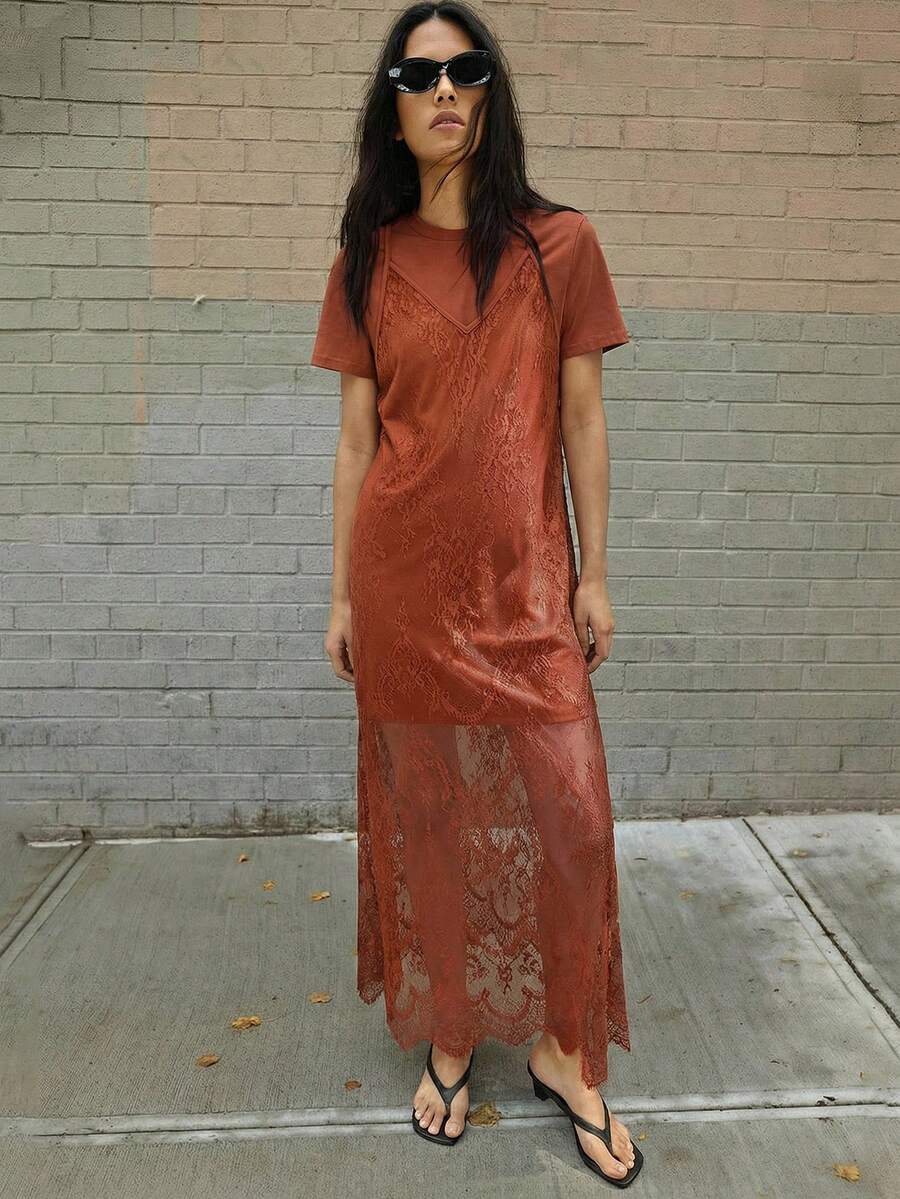 Maija 春夏新款性感橙色蕾丝吊带连衣裙,可拆卸设计,百搭实用,适合派对、聚会、通勤等场合。 - 鏽棕色 - 查看 1