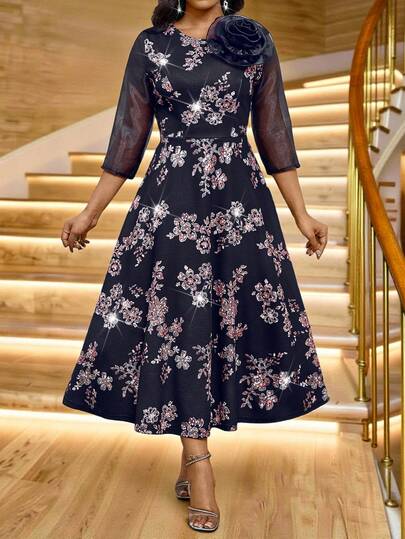 SHEIN Lady 女士优雅3D立体花卉装饰中长连衣裙