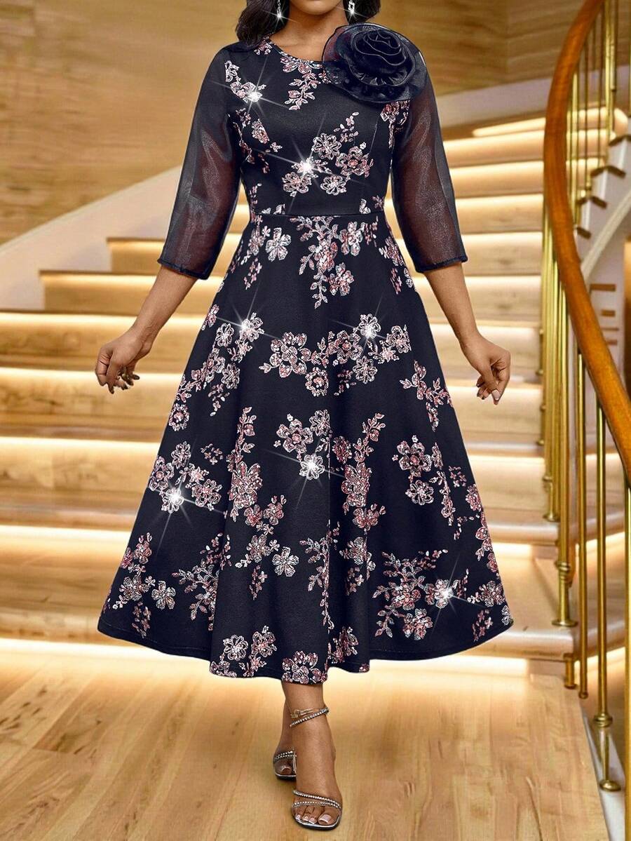 SHEIN Lady 女士优雅3D立体花卉装饰中长连衣裙 - 黑色 - 查看 1