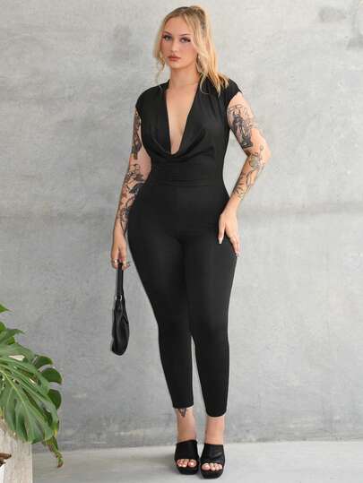 Arliah Sexy Black Plunging Neckline Backless Bodysuit, Black One Piece Jumpsuit, Black Jumpsuit Women Elegant, Bodycon Jumpsuit,Fall ,Winter,Sexy Club Outfits For Women,Halloween, Sexy Jumpsuit, Sexy Black Outfits For Women