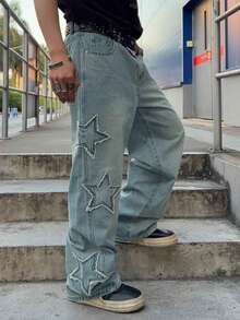 ROMWE MEN Anime 复古时尚五角星图案装饰宽松夏季百搭牛仔裤 - 霧霾藍 - 查看 5