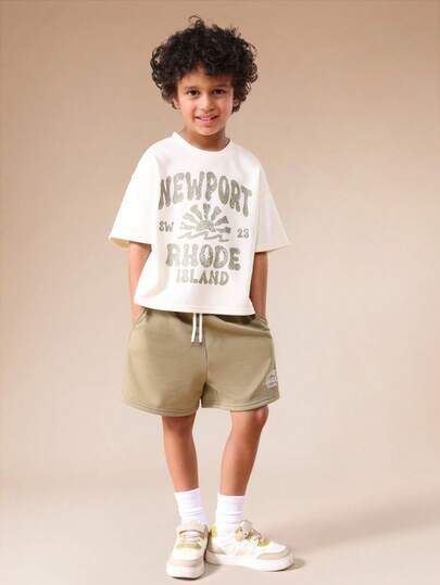  SUMWON Oversized Boys Newport Rhode Island Graphic T-Shirt And Drawstring Shorts Set With Crew Neck Short Sleeves Summer Casual Outfit Vacation
