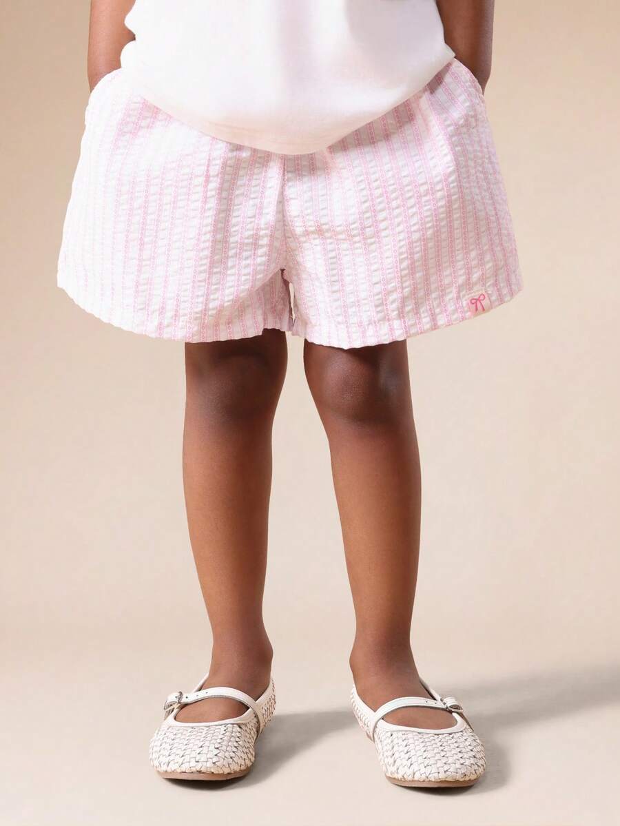 SUMWON 女童纸袋腰格纹松紧腰带夏季休闲宽松版型节日沙滩度假短裤 - 粉色 - 查看 1