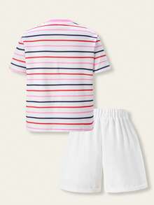 Casuvi Kids 2pcs Tween Girls T-Shirt Set,Blue And White Stripe,Pink Letter Print Round Neck Short Sleeve Tee&White Shorts,Summer,Casual,School,Back-To-School Wear - Pink - View 2