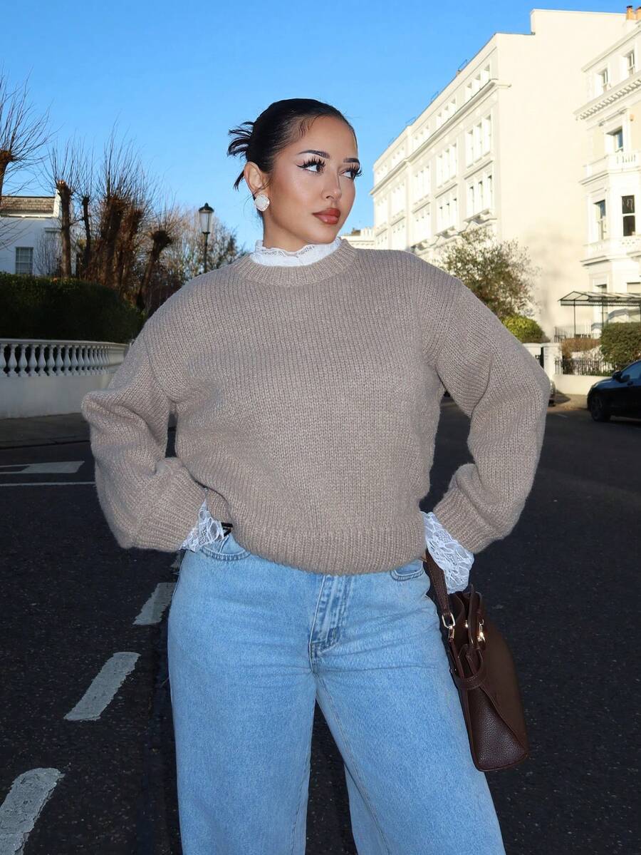 NegzBox Autumn New Loose Casual Lace Patchwork Women Sweater - Brown - View 1