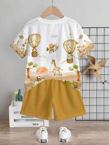 SHEIN Young Boy Casual White Summer T-Shirt Set,Cute Cartoon Animal World Pattern Print With Bear,Giraffe,Lion,Zebra,Monkey,Airplane,Hot Air Balloon,Car - Multicolor - View 3