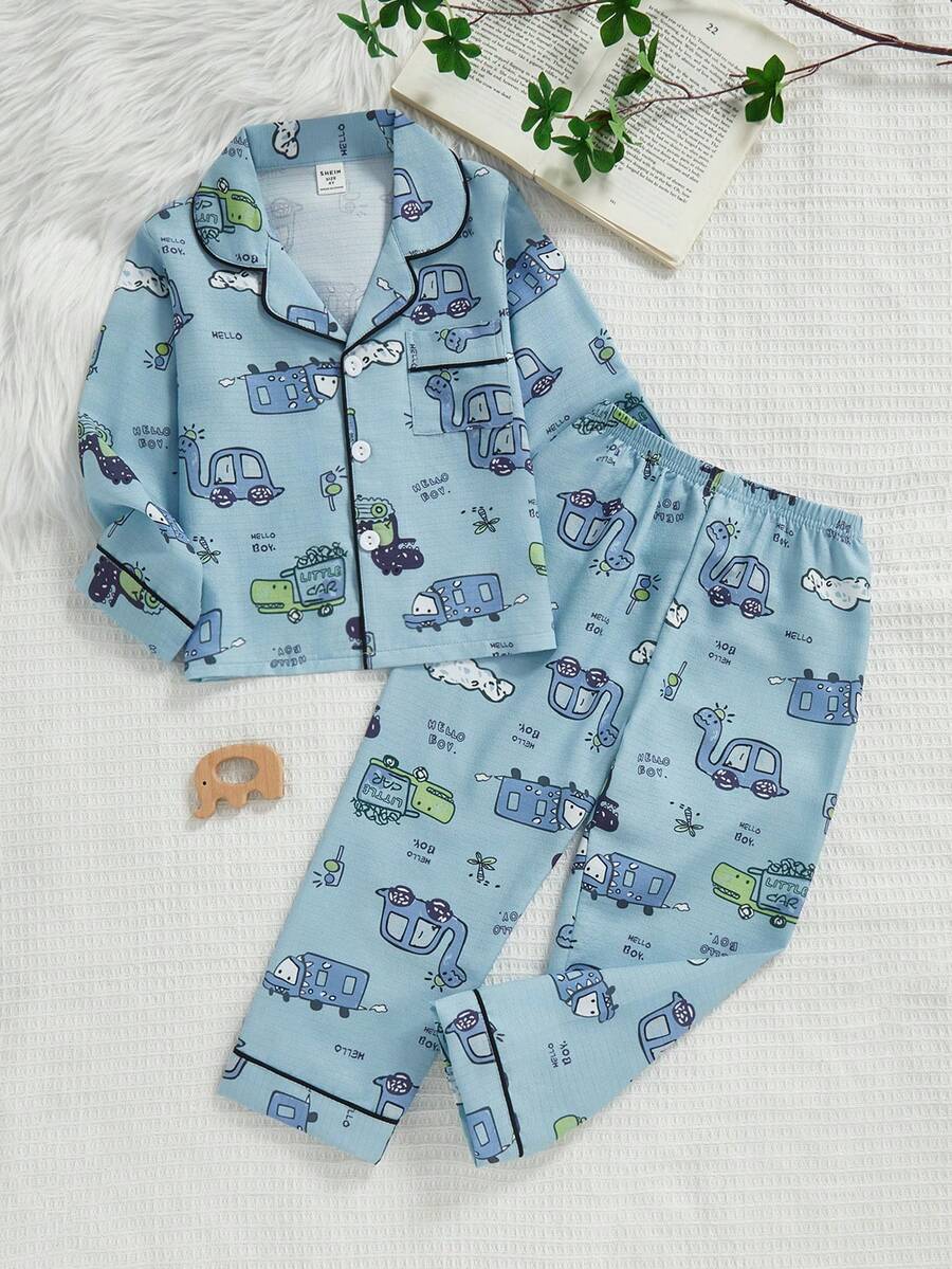 2pcs Young BoyCute Abstract Dinosaur Car Print Long Sleeve Collared Cardigan And Pants Set, Casual Loose Comfortable Loungewear - Multicolor - View 1