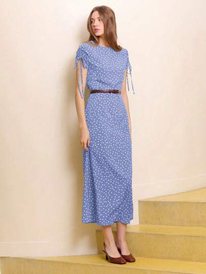 lacRébo Đầm maxi chấm bi màu xanh đậm thanh lịch