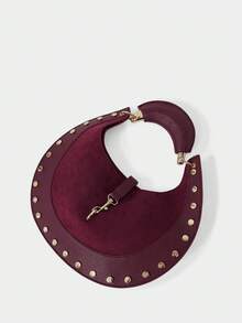 SHECARRY Ladies Vintage Semicircle Bag With Rivet Trim And Exquisite Hardware - Burgundy - View 5