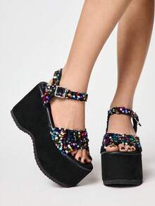 Sugerpunk Women's Black High Heel Sandals, Peep Toe Crystal Embellished Dressy Shoes, Y2K Sweet/Punk Rock/Gothic Style, Suitable For Going Out And Vacation, Halloween Valentine's Day - Black Sequins - View 1