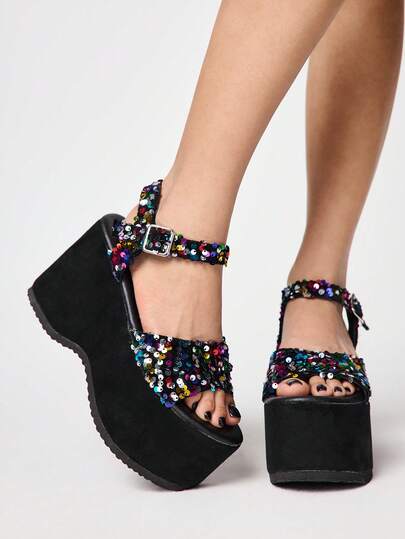 Sugerpunk Women's Black High Heel Sandals, Peep Toe Crystal Embellished Dressy Shoes, Y2K Sweet/Punk Rock/Gothic Style, Suitable For Going Out And Vacation, Halloween Valentine's Day