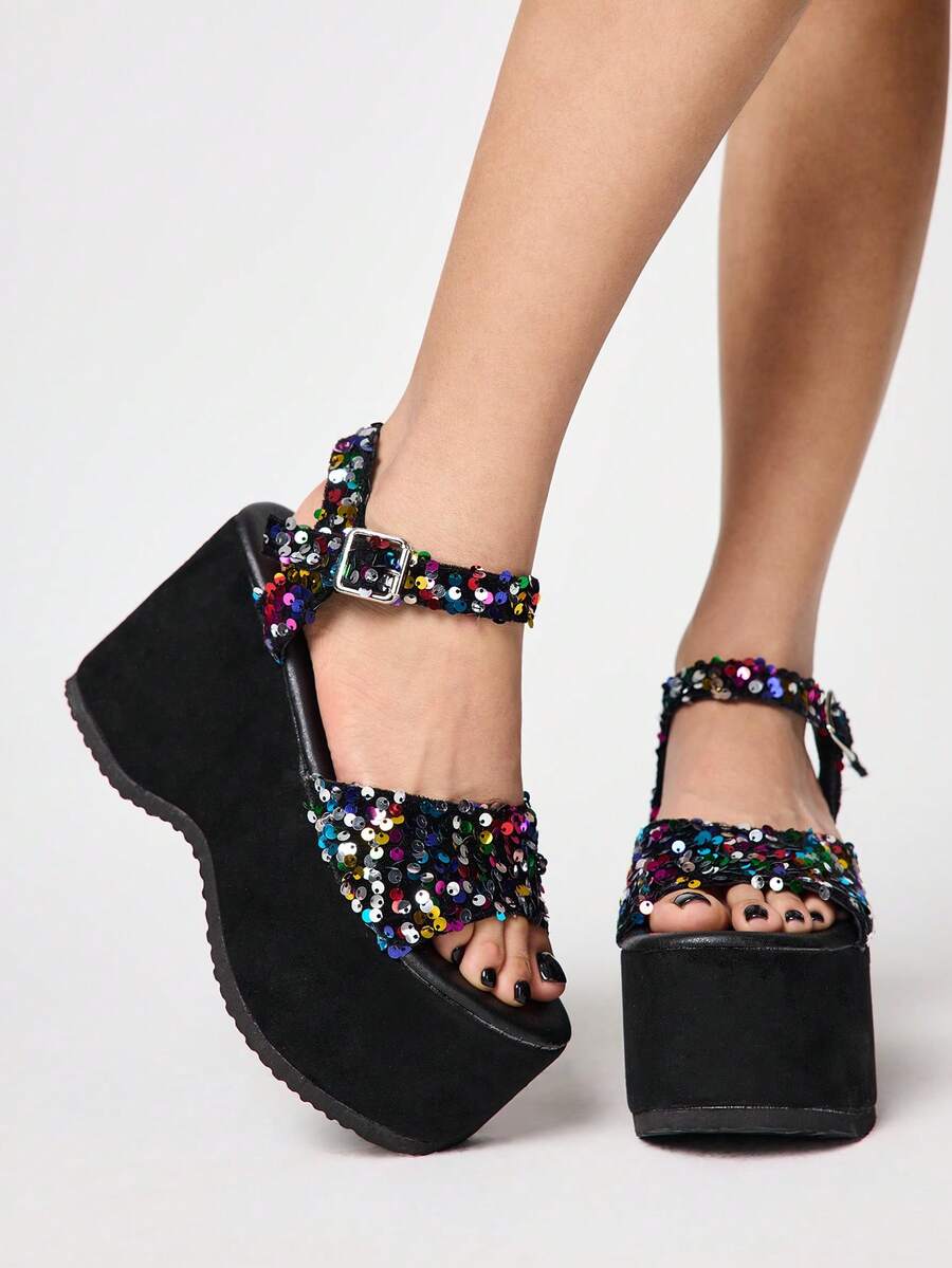 Sugerpunk Women's Black High Heel Sandals, Peep Toe Crystal Embellished Dressy Shoes, Y2K Sweet/Punk Rock/Gothic Style, Suitable For Going Out And Vacation, Halloween Valentine's Day - Black Sequins - View 1