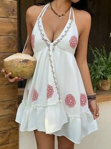 Sunnyshic Women's V-Neck Drawstring Waist Asymmetrical Hem Boho Beach Dress, Suitable For Spring/Summer - Multicolor - View 3