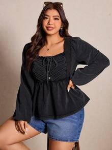 Elaquor 大码纯色方领长袖T恤 春季优雅休闲度假女款T恤 - 黑色 - 查看 7