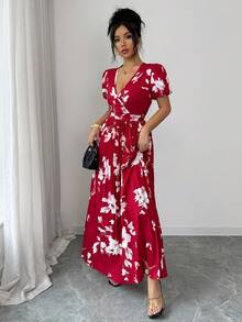 Rafferiza Red Floral,Summer,Elegant,Tea Party V-Neck Puff Sleeve Elastic Waist Ruched Maxi Dress For Women,Fashionable Beach Vacation Casual Long Floral Dress - Red - View 5