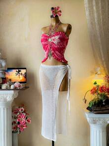 INAWLY 印花修身无袖荷叶边露脐上衣，时尚夏季度假风 - 粉色 - 查看 4