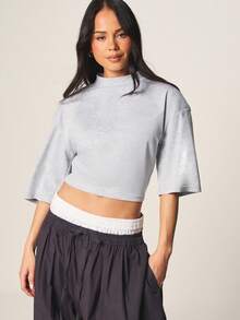 MISSGUIDED High Neck Shoulder Pad T-Shirt Short Sleeve Cropped Structured Boxy Fit Cotton Blend Casual Everyday Wardrobe Essential Fall Winter Layering Piece - Light Grey - View 4