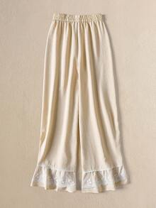 Rusticease Women's Casual Lace Patchwork Loose Pants - Apricot - View 2