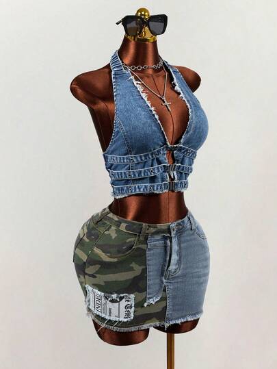 Mistrie Women's Solid Color Fashion Halter Denim Top