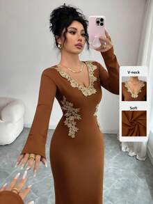 SHEIN Clasi Women's Elegant Brown Autumn Lace V-Neck Gold Trim Long Sleeve Bodycon Dress,Perfect For Parties,Dining,Dates&Daily Wear,Fitted Solid Color Maxi Dress - Brown - View 7