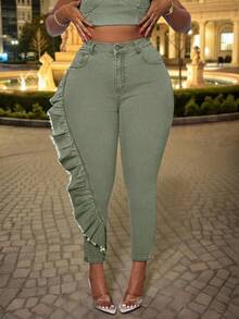 Slaydiva Quần jean skinny cạp cao có túi, gấu quần xếp ly dành cho nữ cỡ lớn - xanh quân đội - Xem 7