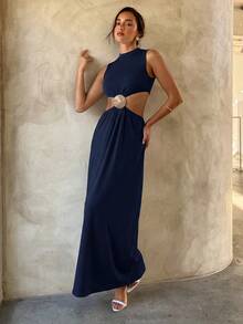 Aloruh 极简通勤风婚礼季性感超长连衣裙 - 藏蓝色 - 查看 3