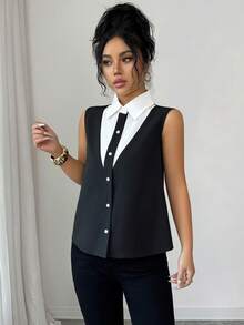 Selianne Women's Elegant Commuter Casual Black & White Collared V-Neck Single-Breasted Button Sleeveless Fitted Blouse, Spring/Summer - Black and White - View 3