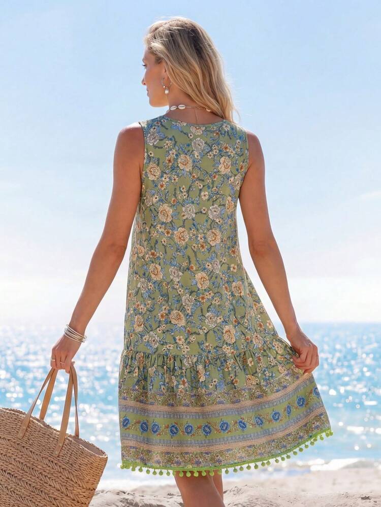 Women's Sleeveless Floral Print Dress With Knotted Collar,Vacation,Beach Outfit For Women