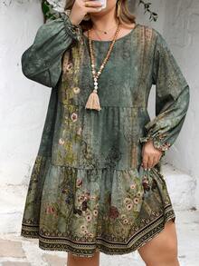 SHEIN CURVE+ Curve 加大码 US22 音乐节、海滨度假、波西米亚风 CURVE PLUS // 复古豹纹宽松圆领长袖连衣裙，适合秋冬季穿着 - 彩色 - 查看 7