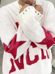 Ngobest Haus Ngobest Haus Distressed Hole Fringe Hem Casual Loose Unisex Knit Sweater With English Letter & Star Print, Round Neck, Drop Shoulder, Long Sleeve, Streetwear Style For Autumn/Winter - Apricot - View 4