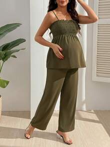 GentleRue Maternity 2pcs Maternity Vacation Solid Color Camisole Top And Long Pants Set - Army Green - View 7