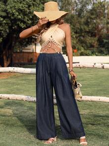 Breezaya 女士优雅休闲弹力腰直筒宽松百搭牛仔裤，四季皆宜 - 深色水洗藍 - 查看 5