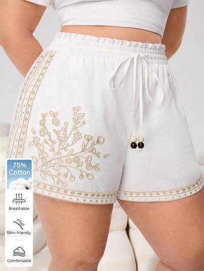 Solflare Plus Size Women Ruffle Trim Waist Tie Floral Embroidery Shorts, Spring/Summer