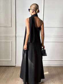 DAZY Vestido suelto de línea A con tirantes de unicolor y cinturón, vestido casual elegante para primavera y verano - Negro - Ver 2