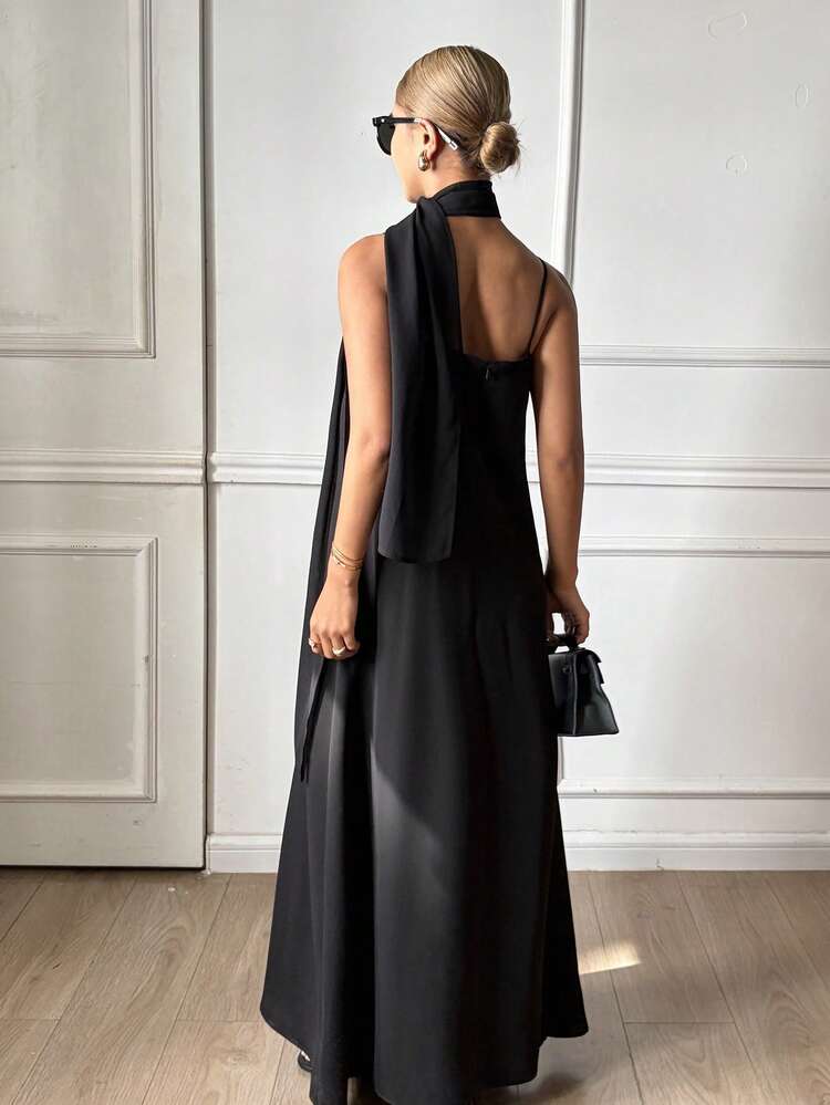 Women's Solid Color Loose A-Line Spaghetti Strap Dress With Belt, Elegant Casual Dress For Spring And Summer Sundress