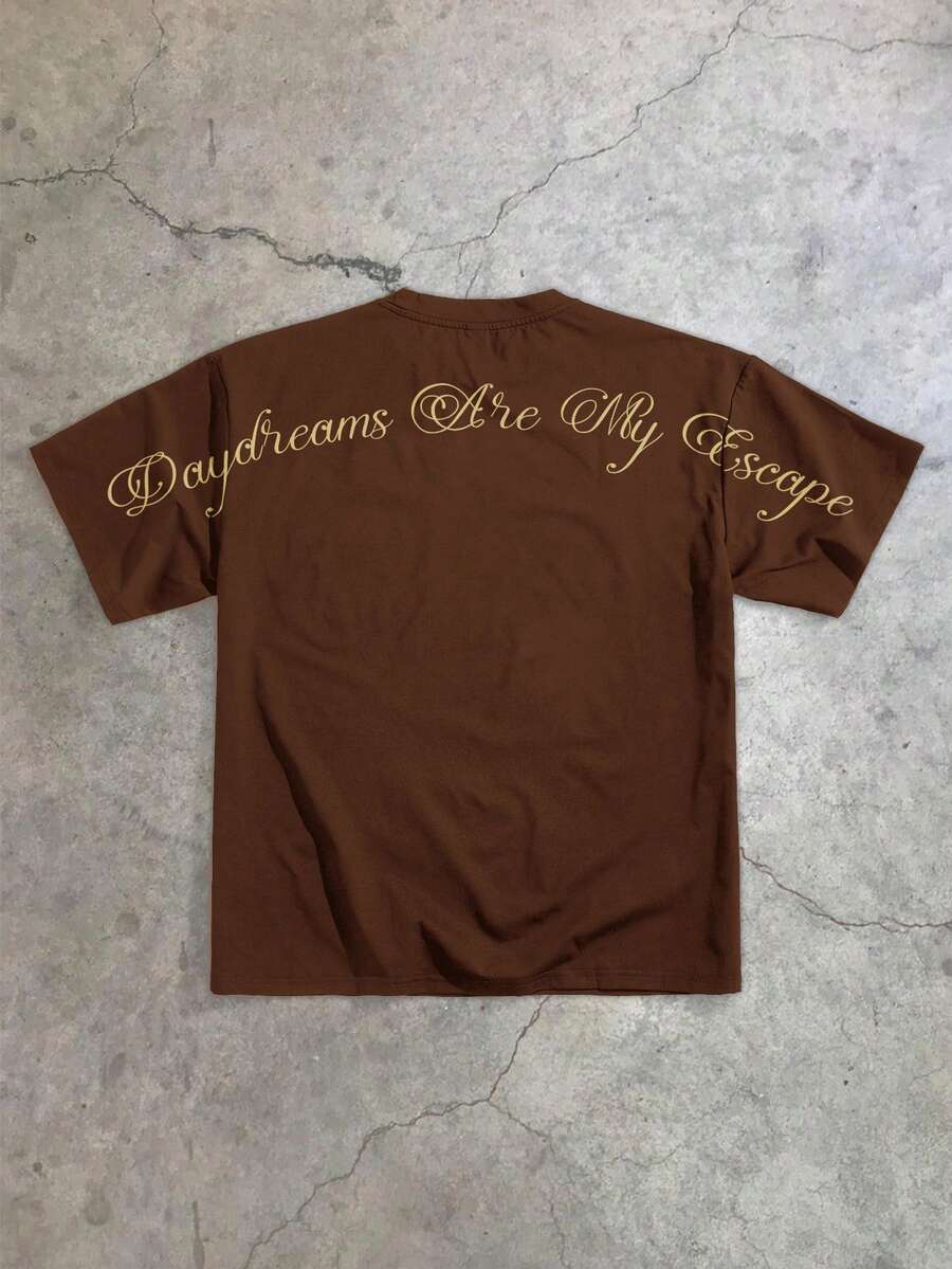 StoneGrade 男士标语印花圆领休闲宽松T恤 - 棕色 - 查看 1