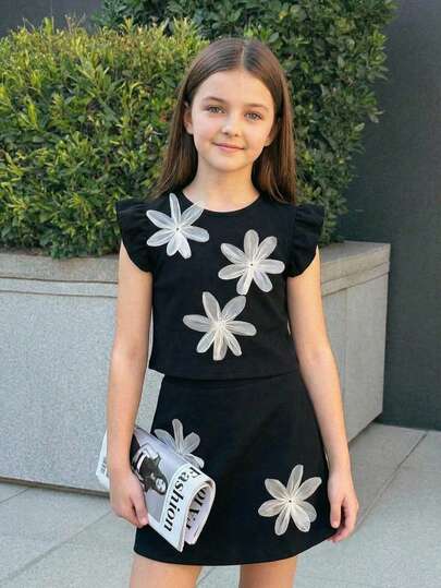 2pcs/Set Girls' Fashionable Elegant Black Cap Sleeve Crop Top & High Waist A-Line Short Skirt Set, Floral Decor, Summer