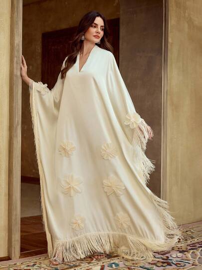 ZEYLAH Women's Solid Color V-Neck Fringe Decor Applique Elegant Dress