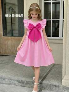 SHEIN Tween Girl Color Block Bow Accent Flutter Sleeve A-Line Dress, Fuchsia,Kids - Baby Pink - View 6