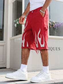 Manfinity LEGND Men's Casual Street Style Patch & Embroidered Red Denim Shorts - Flame scarlet - View 6