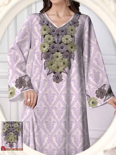 Al Najma Vestido largo con cuello en V y manga larga con estampado floral elegante para mujer, con diseño de patrón de flores de granada y cuello floral, para primavera/verano