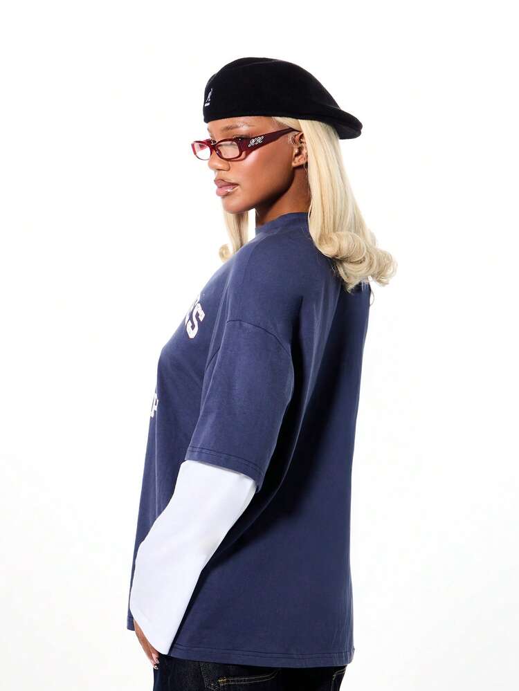 SUMWON WOMEN Los Angeles Athletic Department Varsity Graphic Layered Long Sleeve Crew Neck Top With Plain White Contrast Sleeves Fall Winter Streetwear