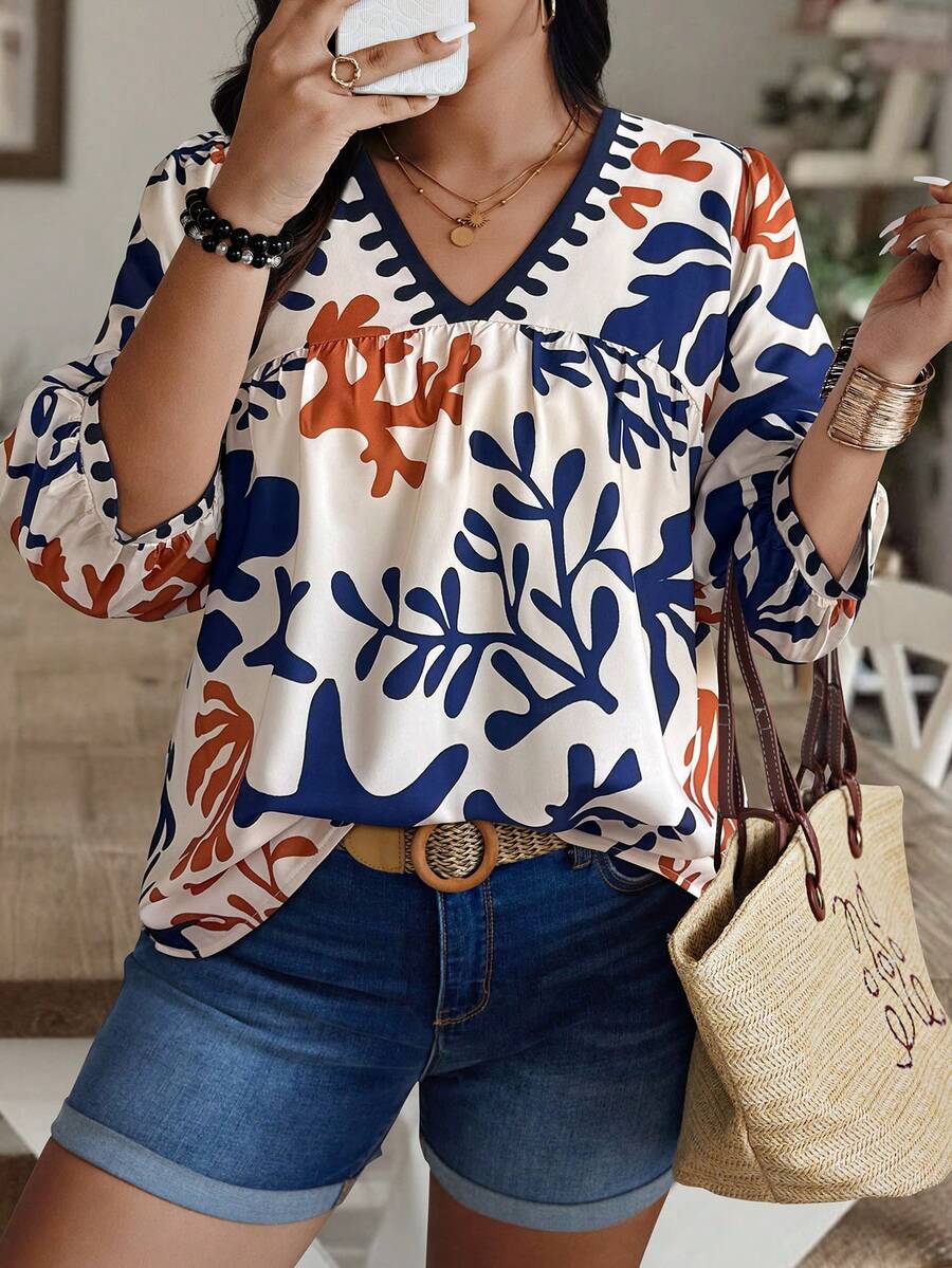 Weeklong Áo sơ mi dài tay cổ chữ V cỡ lớn in họa tiết ngẫu nhiên - Nhiều màu - Xem 1