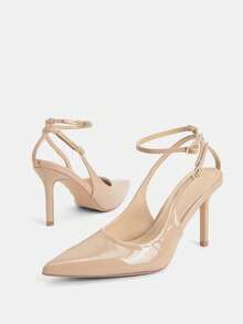 Glitzique 新款女士尖头高跟凉鞋，米色漆皮材质，露背穆勒鞋，细高跟鞋，性感派对/办公室鞋，春夏 - 米色 - 查看 4