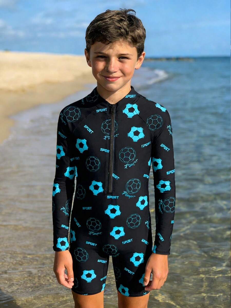 SHEIN 8-12 Years Old Boys' Casual Full-Print Football Pattern Tight One-Piece High Elasticity Knit Swimwear, Suitable For Summer Boys Beach Swimming Holiday