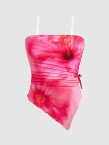 SHEIN Áo tank top dáng ôm, họa tiết hoa, vạt bất đối xứng dành cho bé gái tuổi teen. - Màu Hồng Tươi - Xem 2