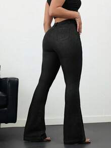 SHEIN PETITE CURVE Quần jean ống loe túi trước cài nút cỡ lớn cho nữ thường ngày mùa hè mùa thu mùa thu trở lại trường dễ thương phong cách thập niên 2000 Kawaii Y2k sân bay cho phụ nữ khiêm tốn tiền cũ Tulum giáo viên cho phụ nữ giáo viên cho phụ nữ quần jean xanh cổ điển quần jean ống loe quần jean ống loe - màu đen - Xem 2