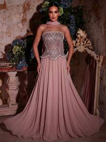 Glamrae Đầm maxi sang trọng, thanh lịch màu xanh lá cây đính cườm và sequin, cổ yếm, thích hợp cho đám cưới, tiệc tùng, kỳ nghỉ, dạ hội, váy dạ tiệc (đính kết rất cầu kỳ) - Bụi hồng - Xem 5